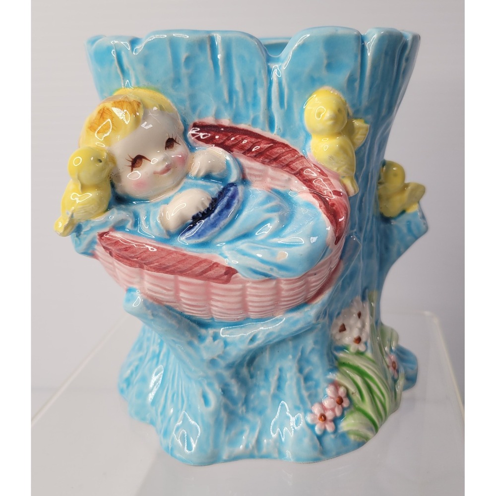 Nancy Pew Planter Baby Blue Tree Trunk Chick Basket Japan 8210 Vintage Decor